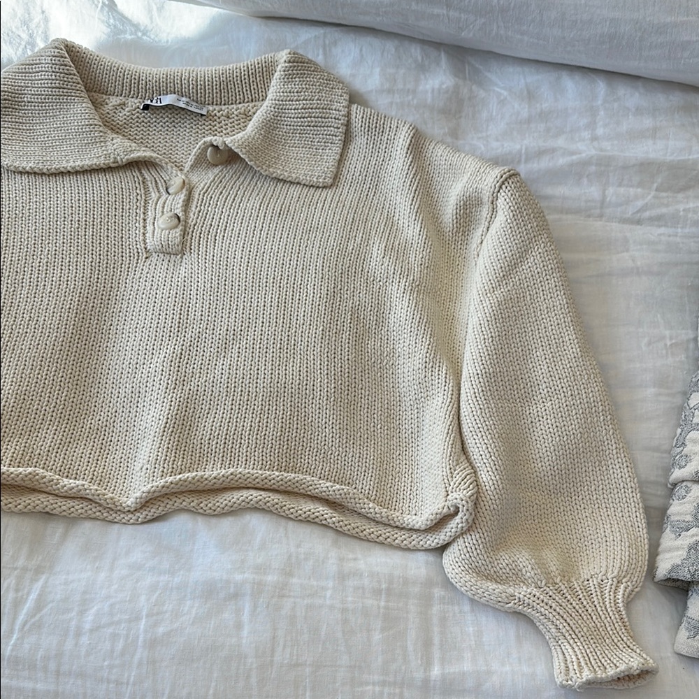Zara Cream Knit Collared Cropped Sweater - Picture 5 of 8